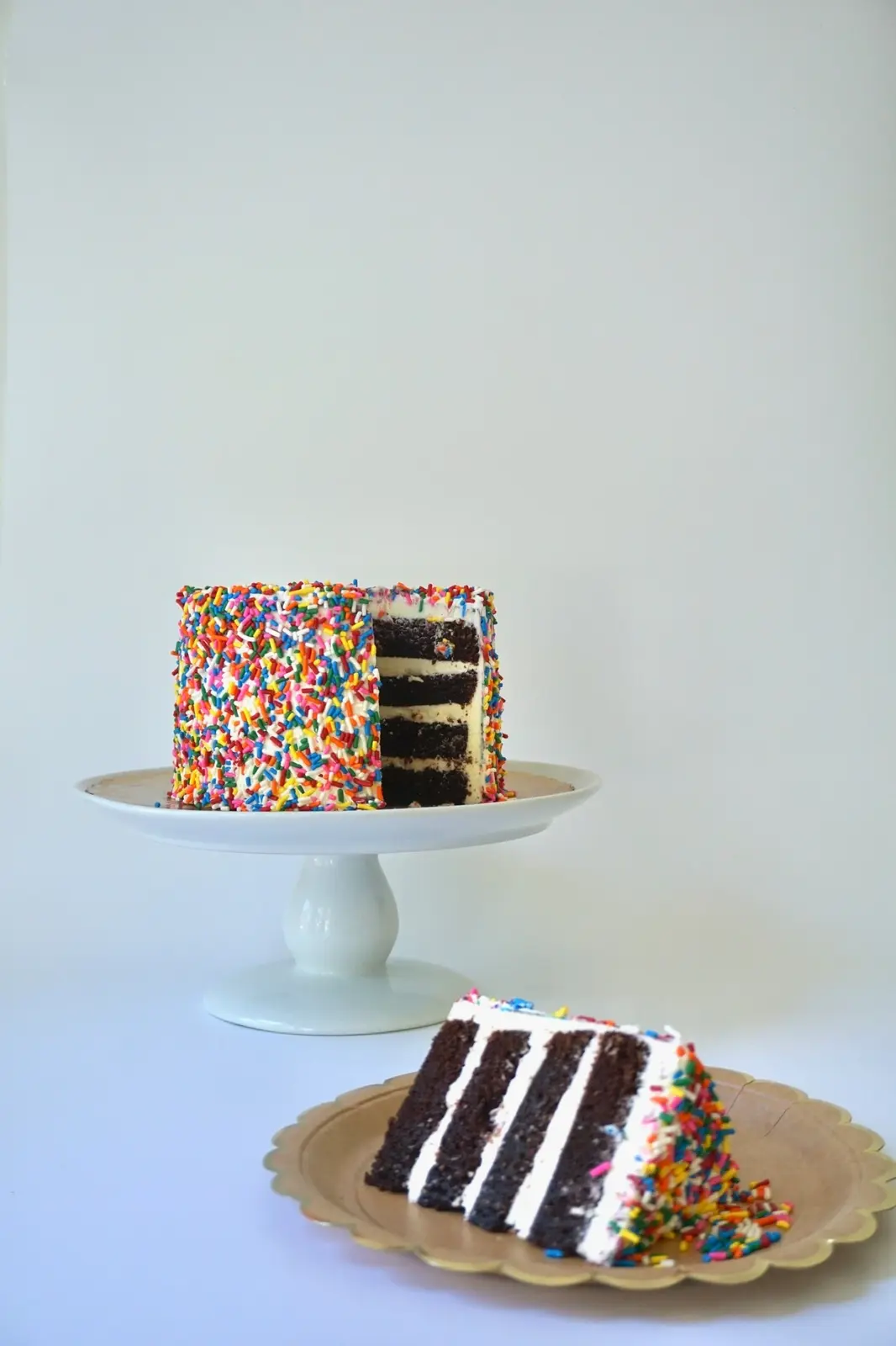 Sprinkle Cake with a rainbow sprinkle coating and a cut slice