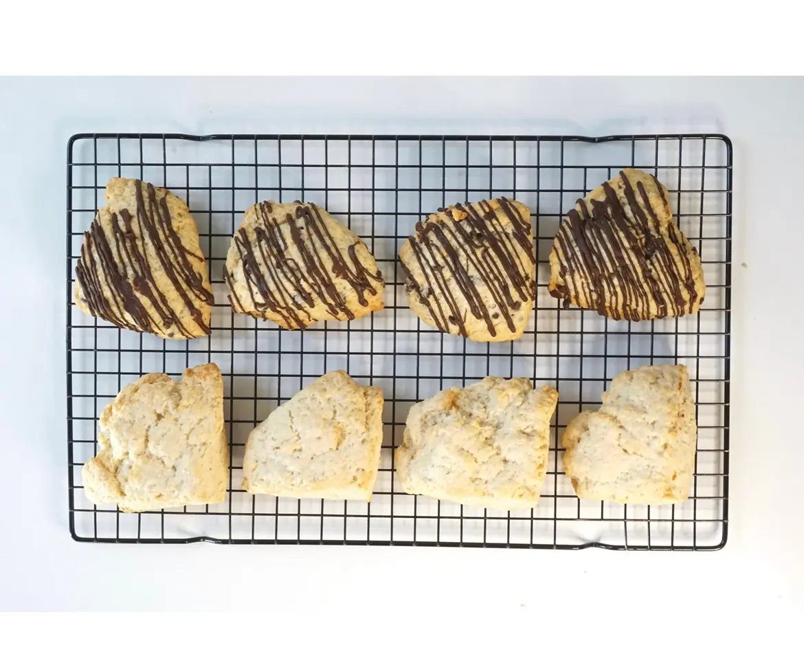 Chocolate-drizzled and classic scones
